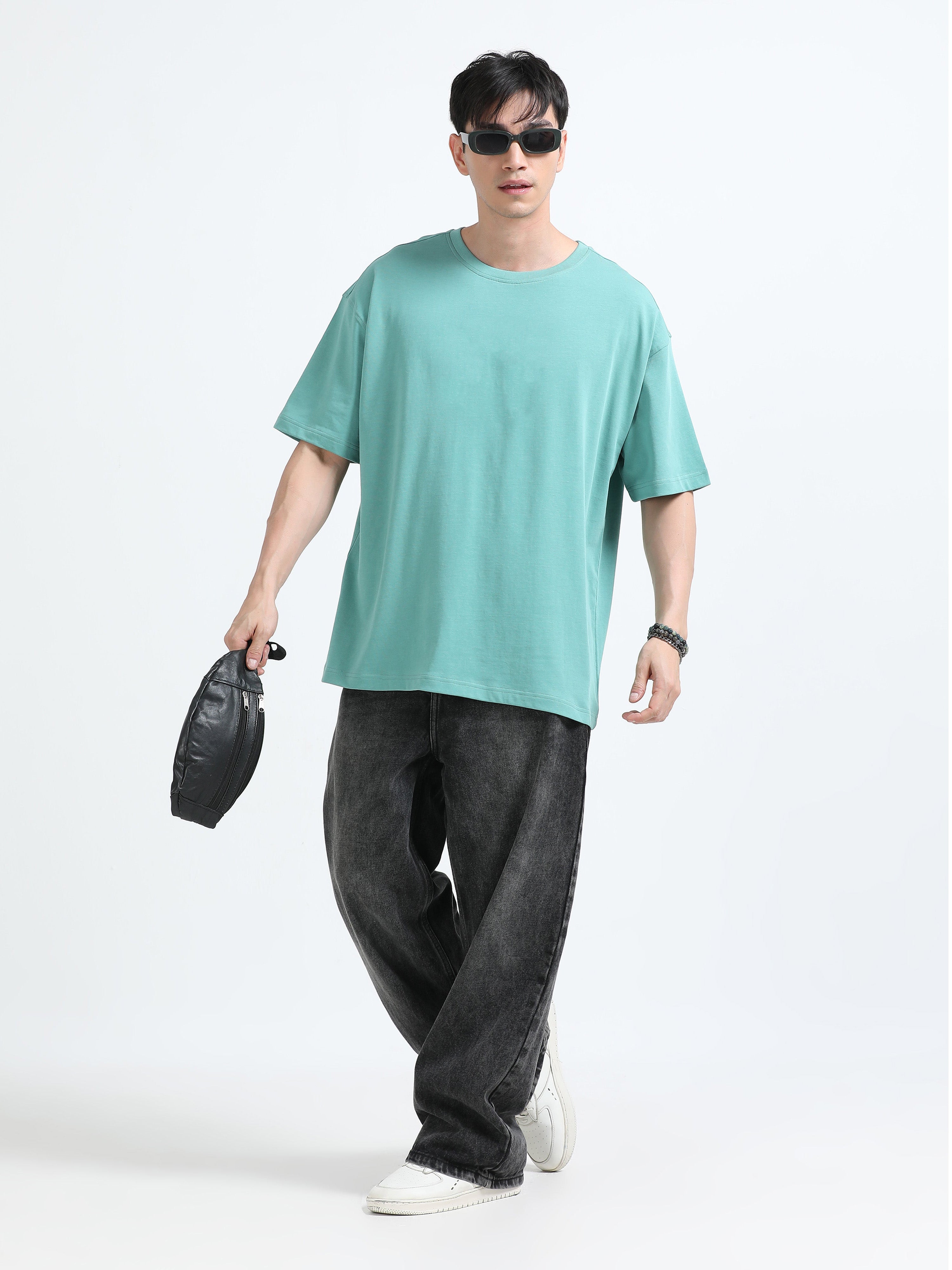 Oversized Tee Heavy Jersey Cotton Teal - Neck Detail