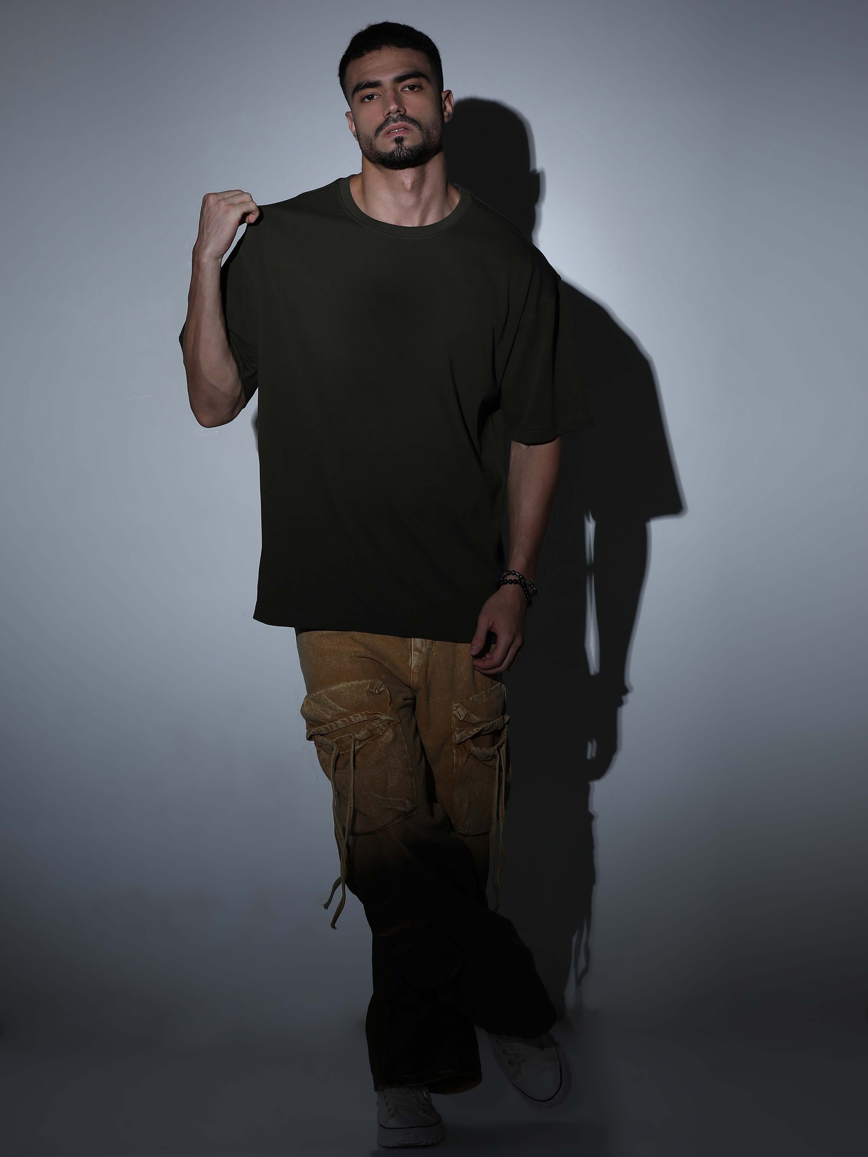 Oversized Tee Heavy Jersey Cotton Olive Green - Back Full Body