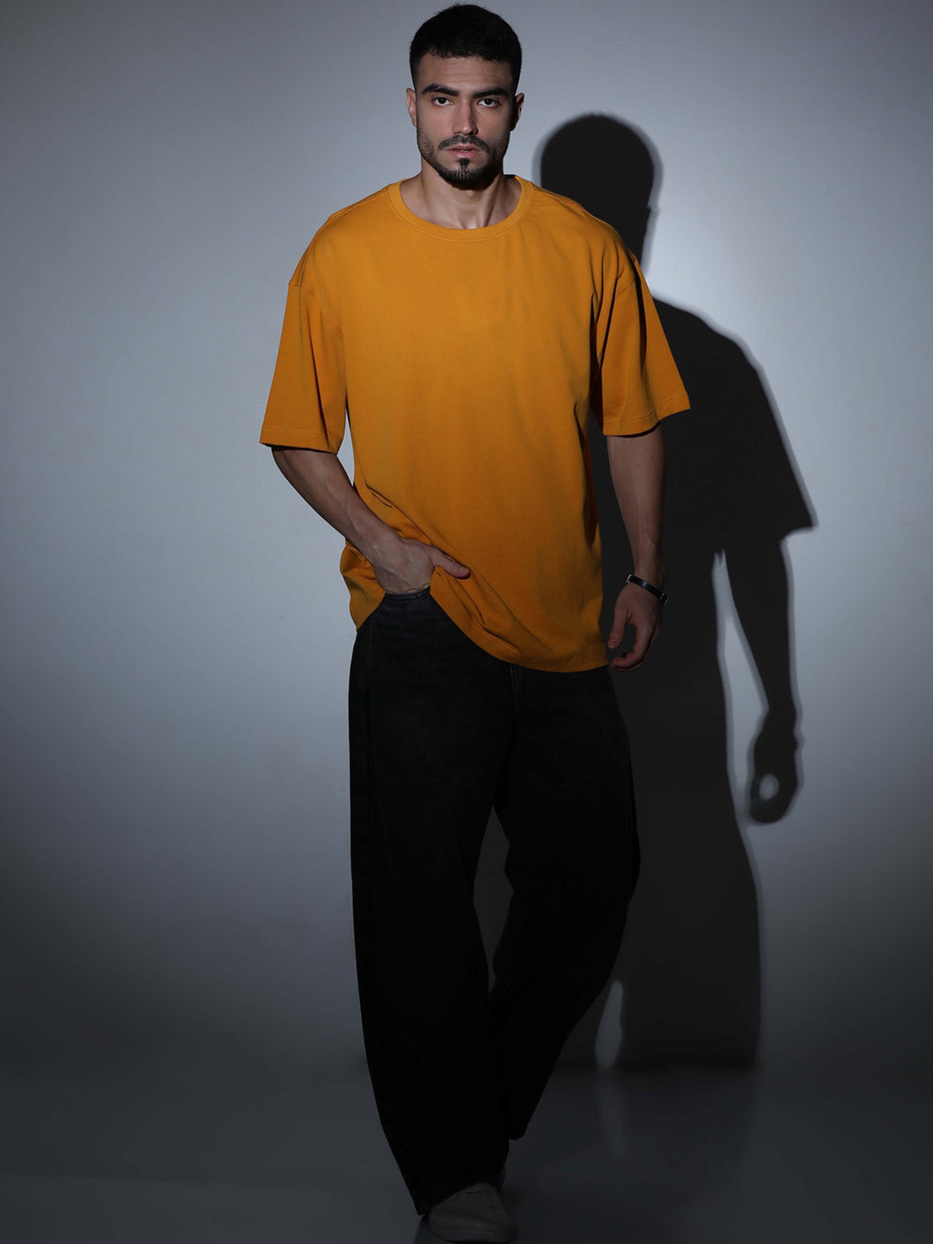 Oversized Tee Heavy Jersey Cotton Mustard Yellow - Front Torso Close Up