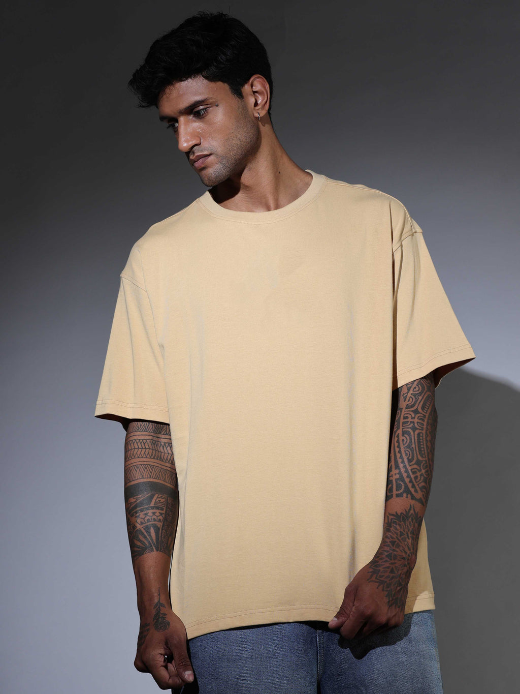 Oversized Tee Heavy Jersey Cotton Cream - Back View Tattooed