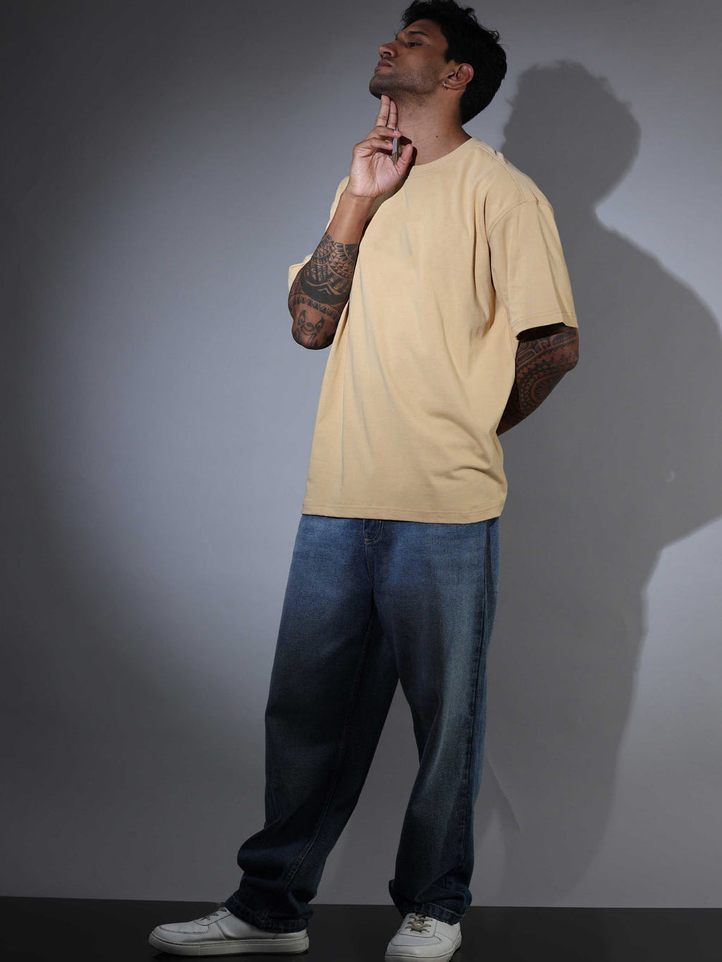 Oversized Tee Heavy Jersey Cotton Cream - Side Look Down Tattooed