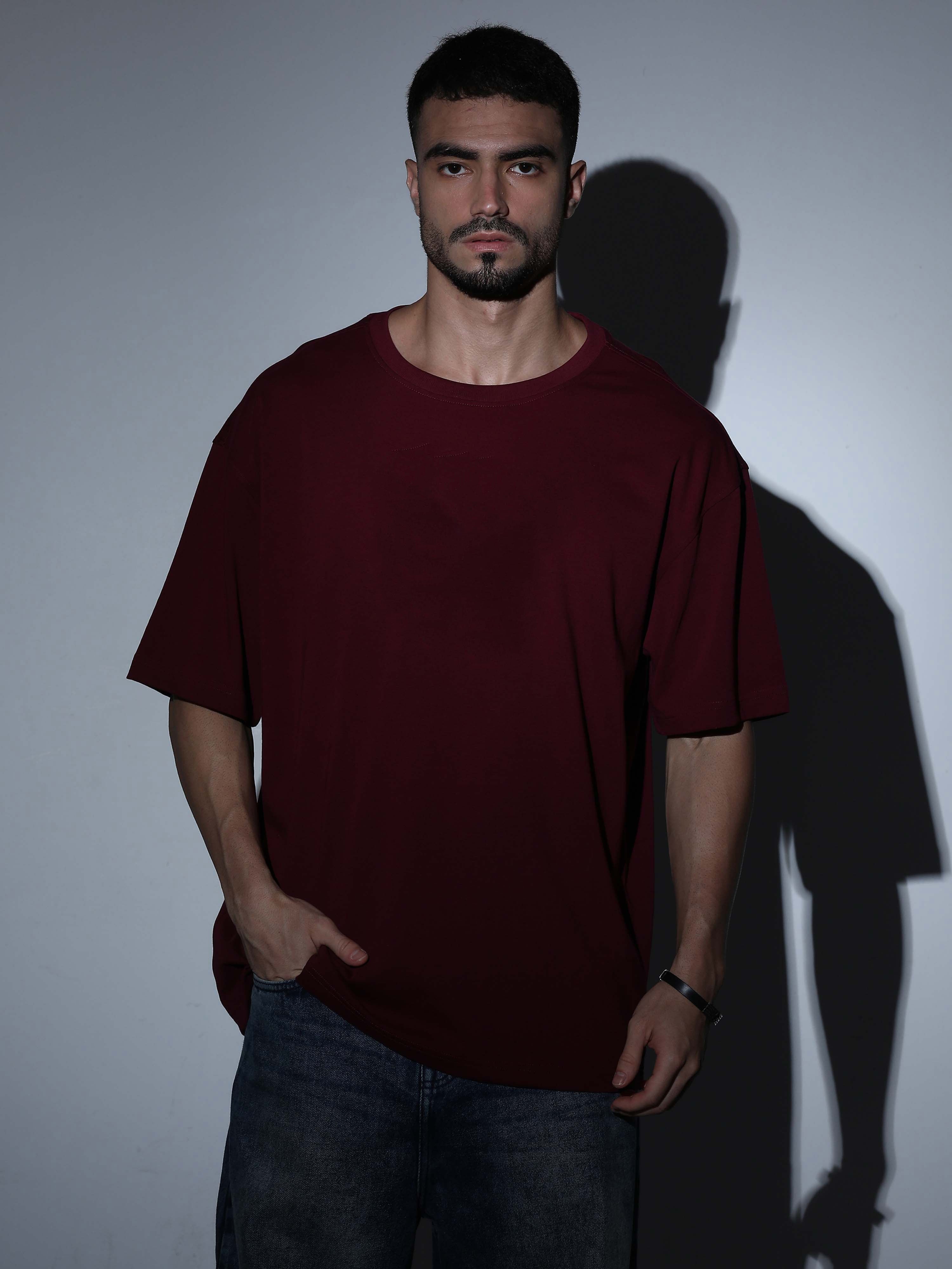 Oversized Tee Heavy Jersey Cotton Maroon - Neck Detail Close
