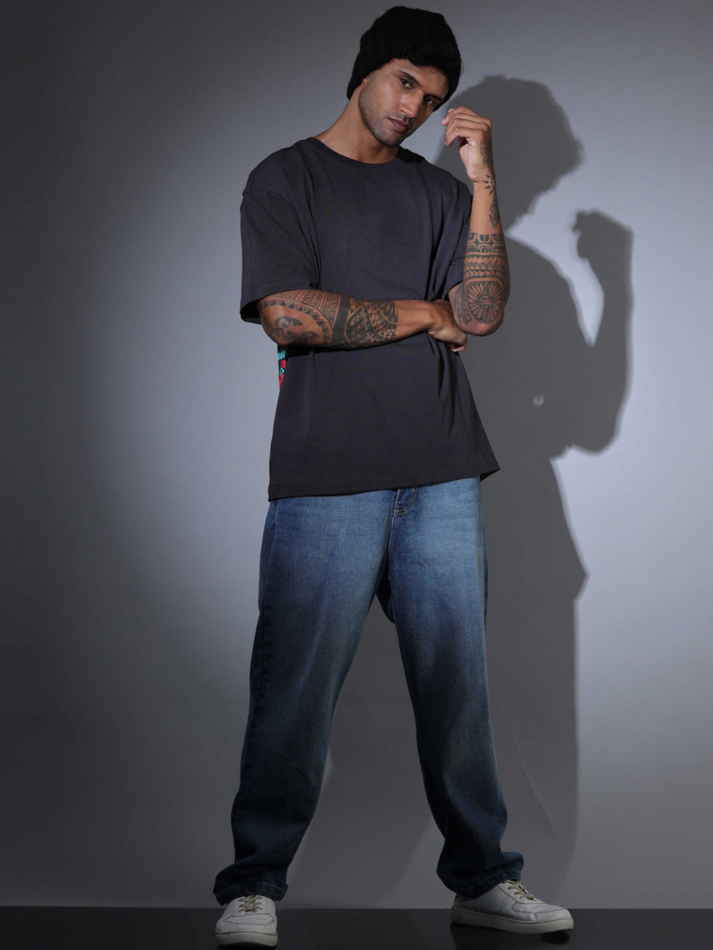 Oversized Tee Heavy Jersey Cotton Charcoal - Front Hands In Pocket Tattooed