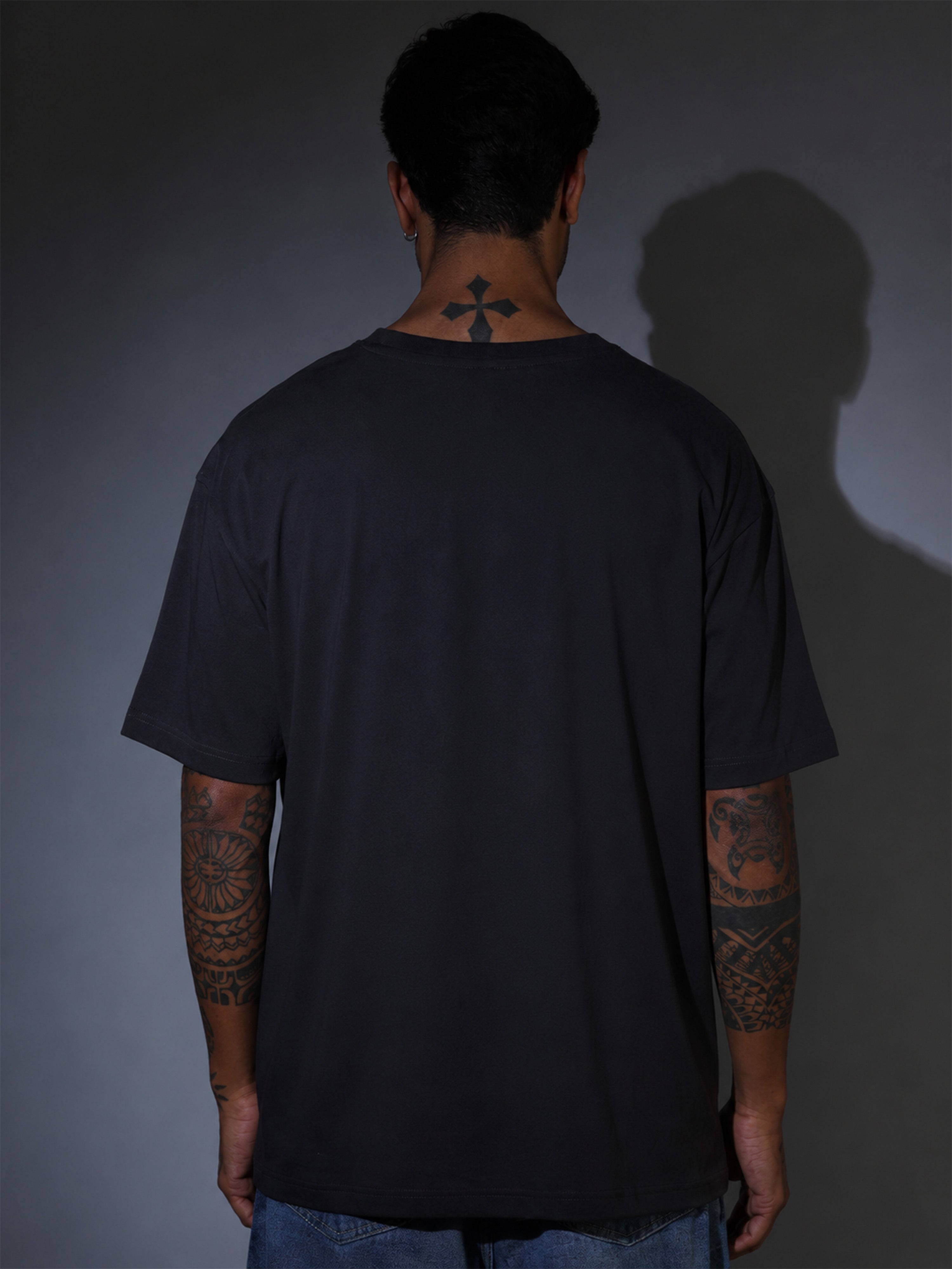 Oversized Tee Heavy Jersey Cotton Charcoal - Back View Tattooed