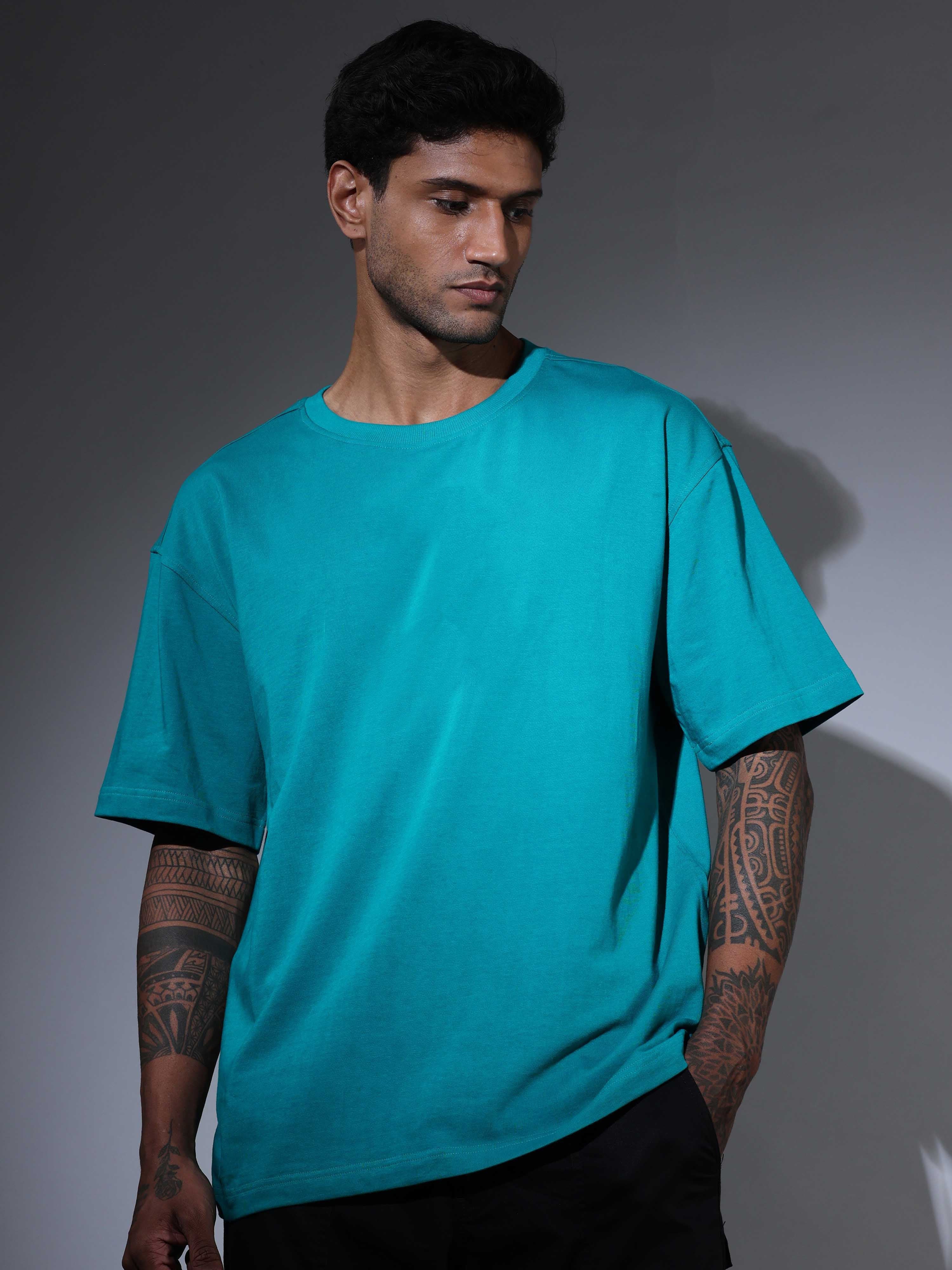 Oversized Tee Heavy Jersey Cotton Teal - Seated Sunglasses Pose
