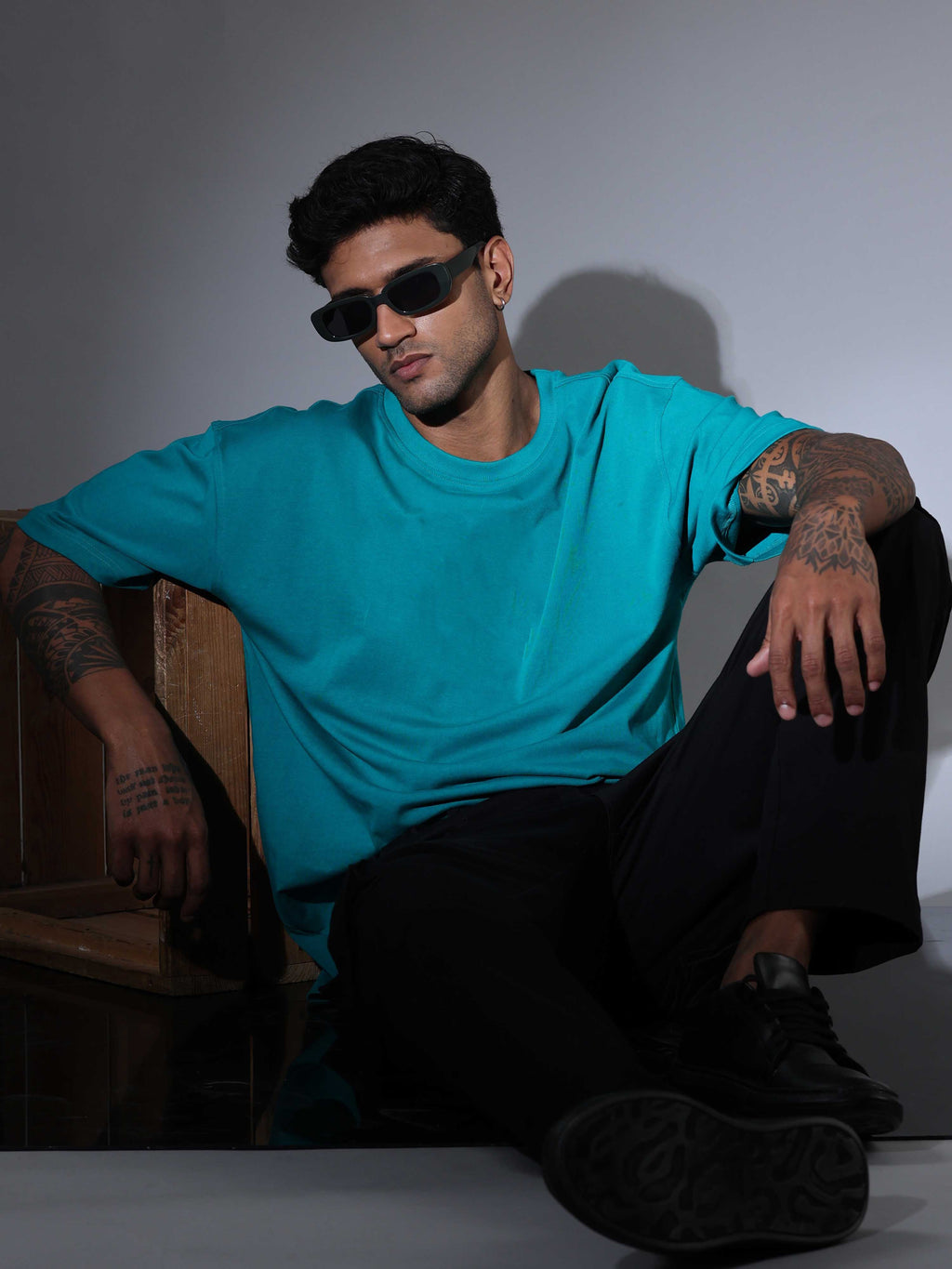 Oversized Tee Heavy Jersey Cotton Teal - Seated Hand On Chin Pose