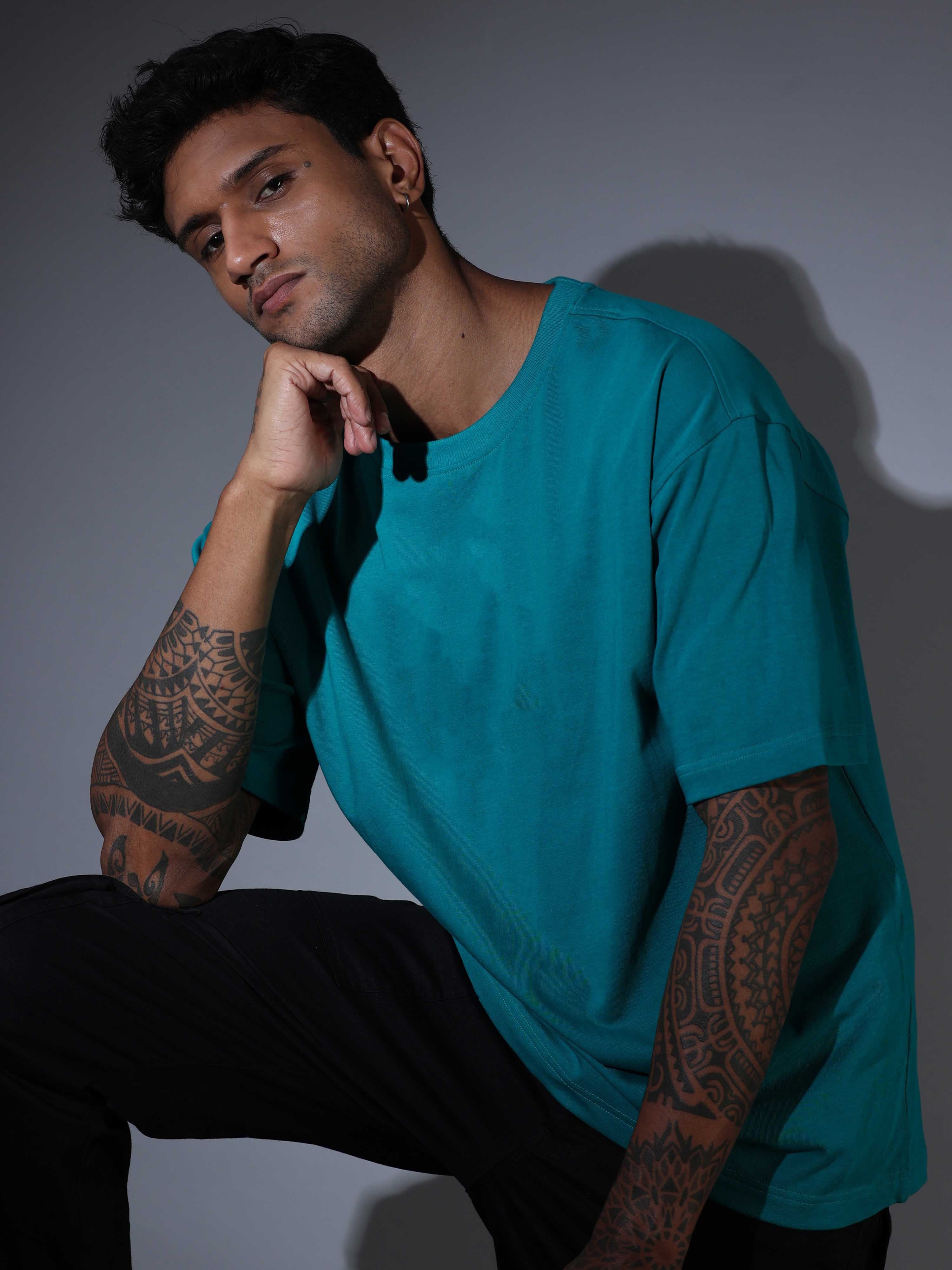 Oversized Tee Heavy Jersey Cotton Teal - Front Torso Close Up