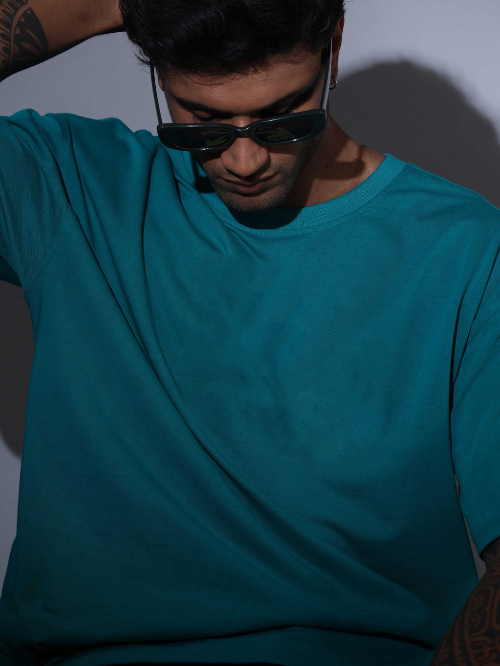 Oversized Tee Heavy Jersey Cotton Teal - Back View Tattooed