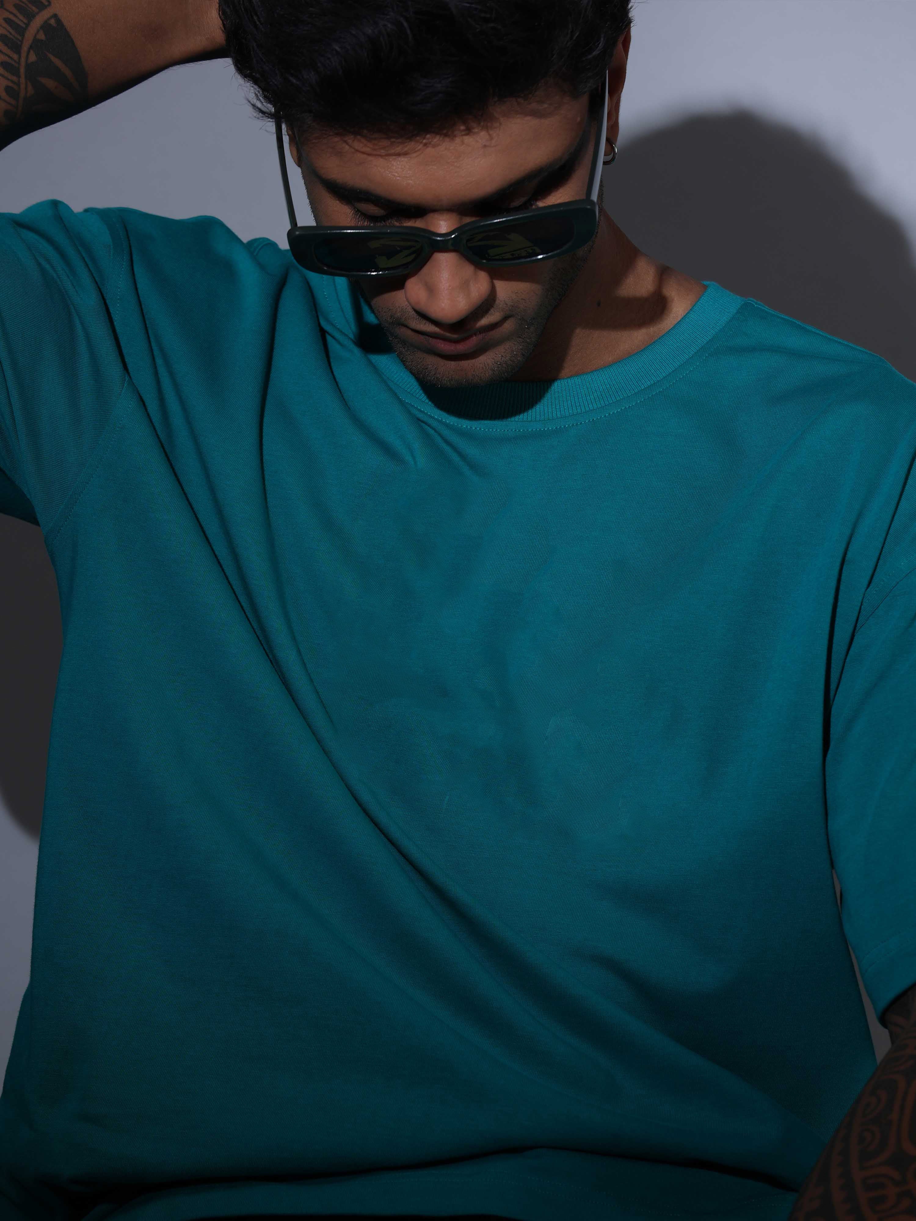 Oversized Tee Heavy Jersey Cotton Teal - Back View Tattooed