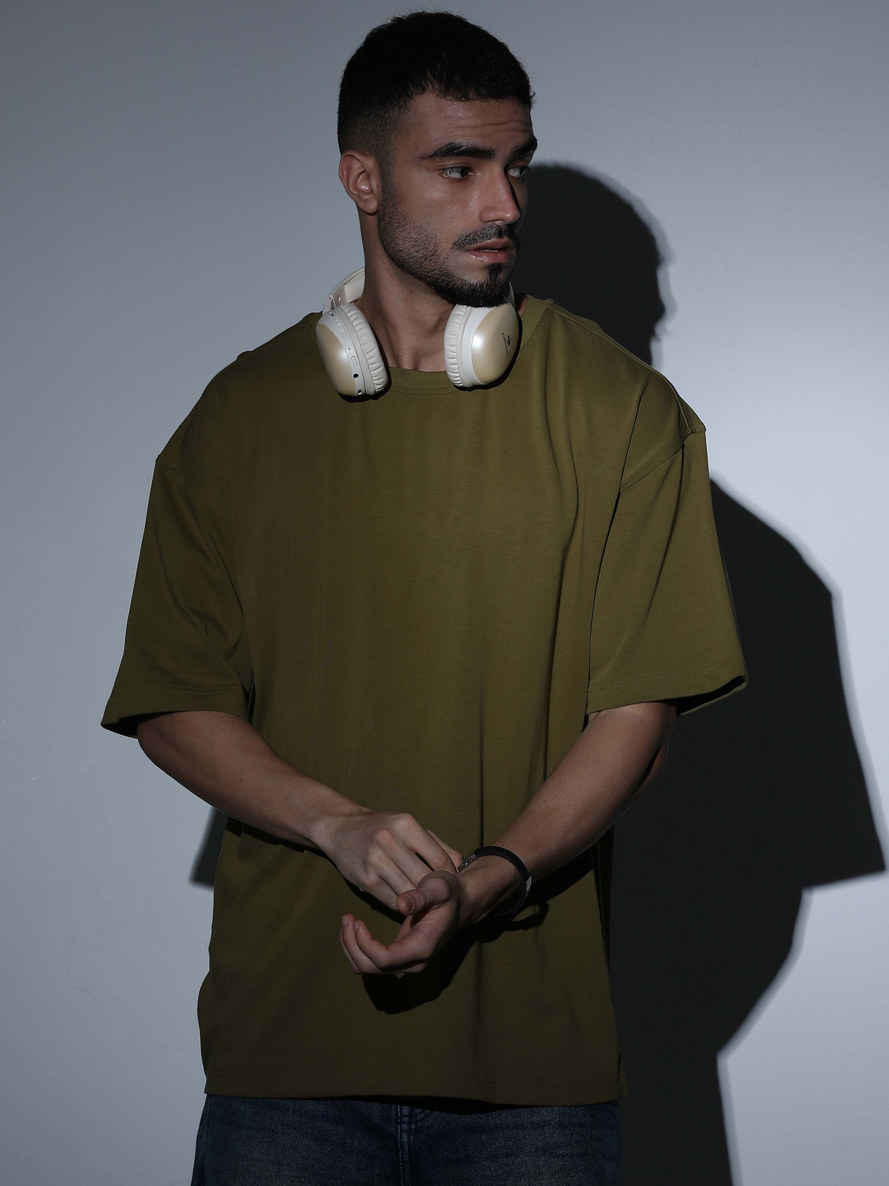 Oversized Tee Heavy Jersey Cotton Olive Green - Back View Headphones