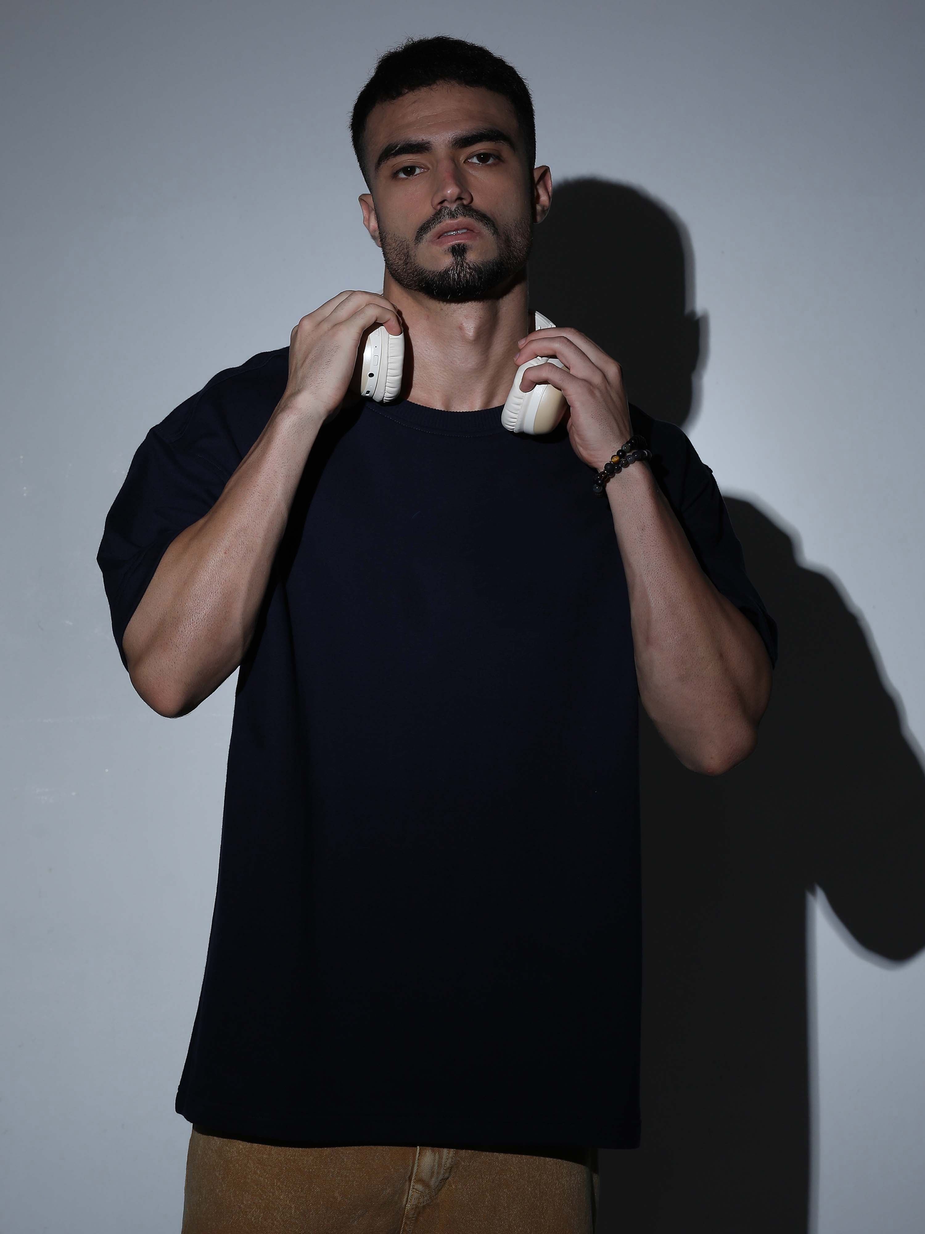 Oversized Tee Heavy Jersey Cotton Black - Headphones Pose