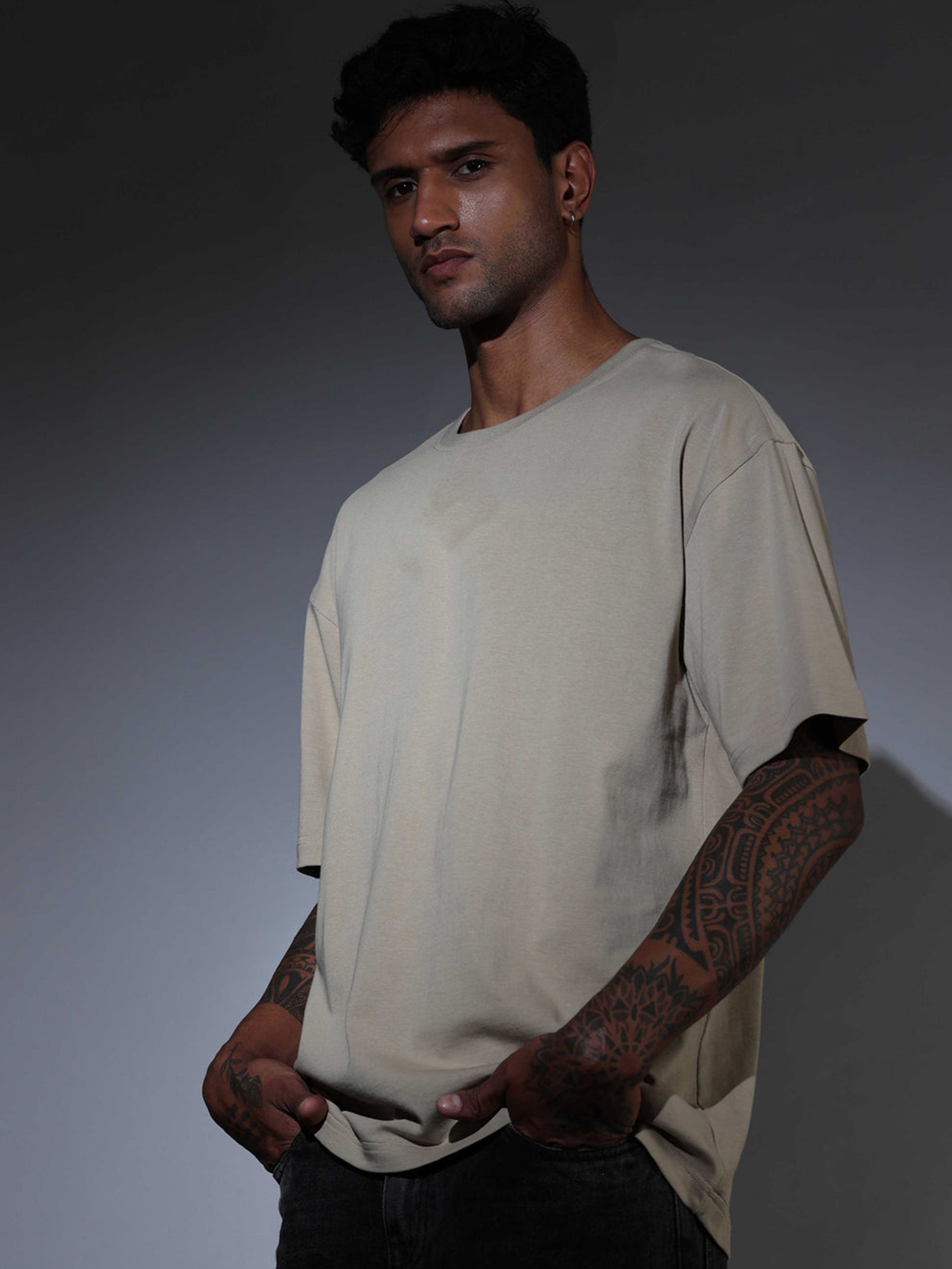 Oversized Tee Heavy Jersey Cotton Beige - Front Hands Clasped