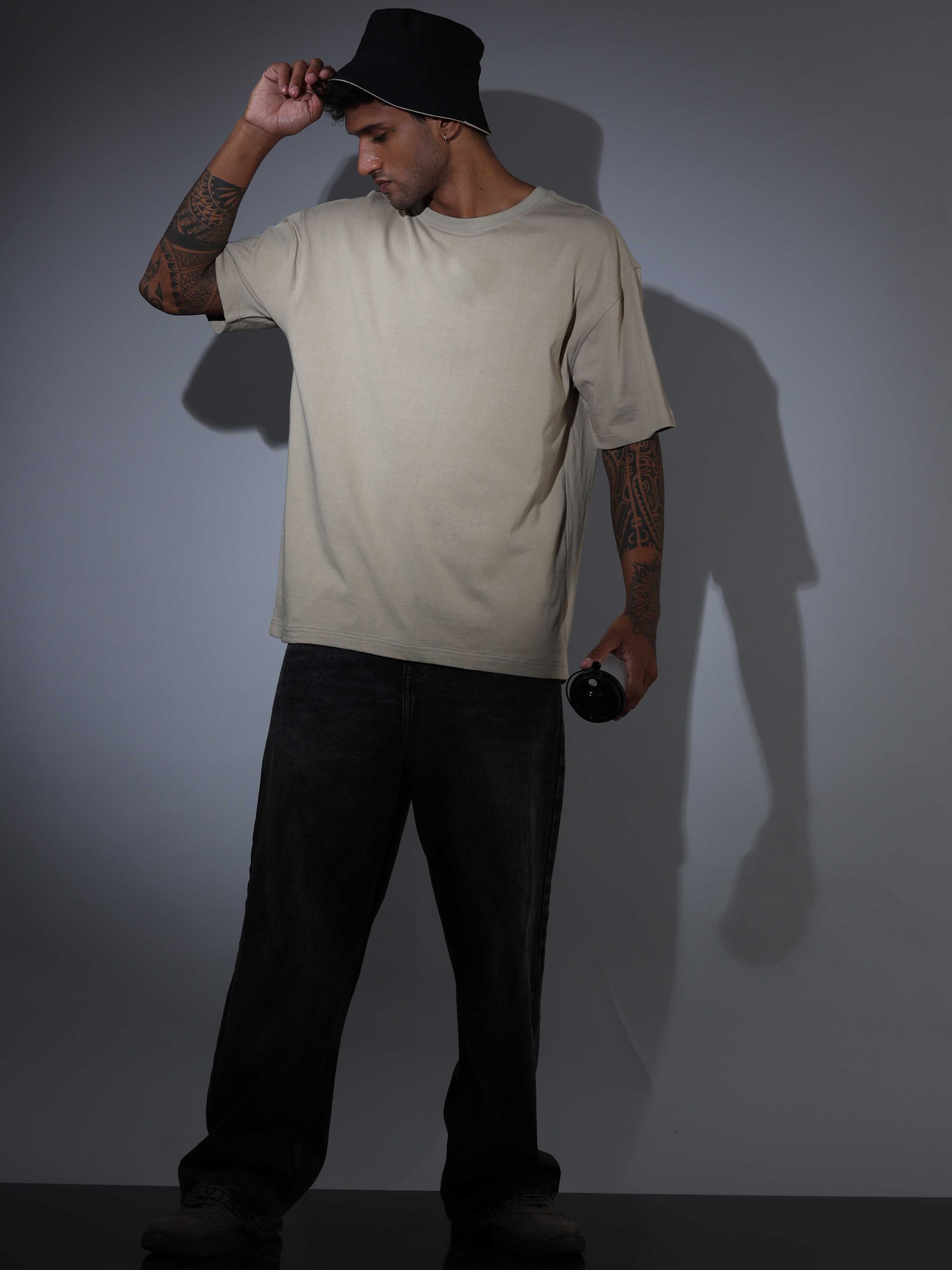 Oversized Tee Heavy Jersey Cotton Beige - Bucket Hat Full Body
